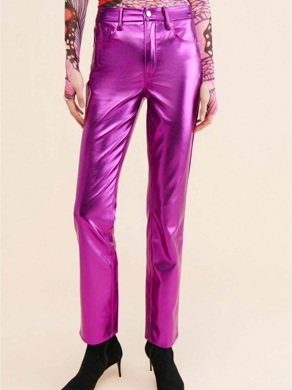 Anthropologie Good American Metallic Fuchsia Straight-Leg Pants
